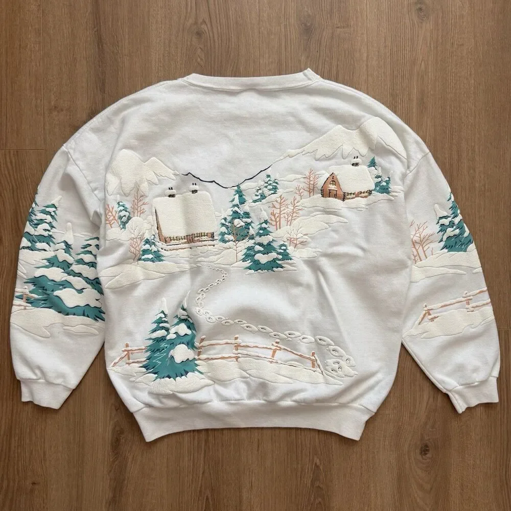 Vintage 90s Kodiak Alaska Puff Print Sweatshirt Scenic Cottage AOP USA Made OS